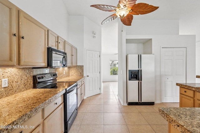 104 Seaside Cir, Ponte Vedra Beach, FL 32082 - kitchen featuring black appliances, backsplash, light brown cabinetry, light tile patterned flooring, and ceiling fan