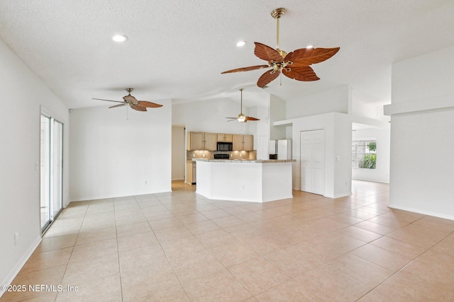 104 Seaside Cir, Ponte Vedra Beach, FL 32082 - unfurnished living room featuring ceiling fan, light tile patterned flooring, high vaulted ceiling, baseboards, and recessed lighting