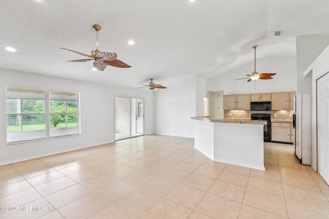 104 Seaside Cir, Ponte Vedra Beach, FL 32082 - kitchen featuring black appliances, ceiling fan, open floor plan, lofted ceiling, and backsplash