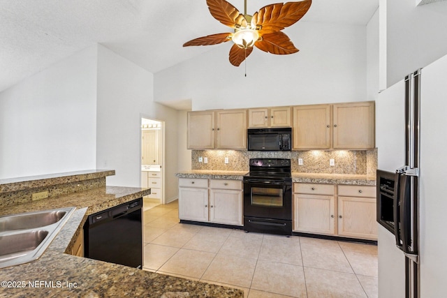 104 Seaside Cir, Ponte Vedra Beach, FL 32082 - kitchen featuring black appliances, light brown cabinets, backsplash, high vaulted ceiling, and light tile patterned floors