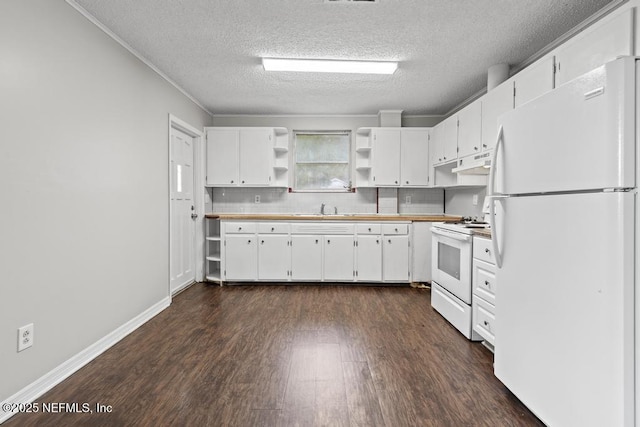 161 W 65th St, Jacksonville, FL 32208 - kitchen with white cabinets, white appliances, dark wood finished floors, a sink, and open shelves