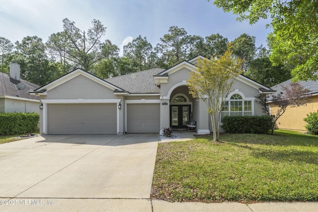 141 Casa Sevilla Ave, Saint Augustine, FL 32092 - ranch-style house featuring stucco siding, a front lawn, french doors, a garage, and driveway