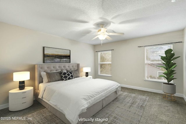 bedroom featuring baseboards, ceiling fan, and carpet flooring