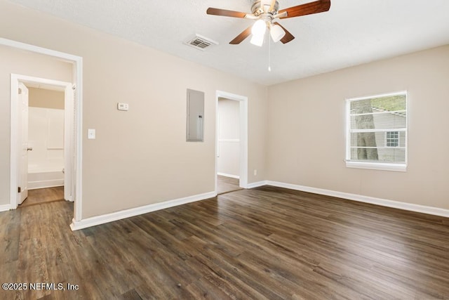 3051 4th Street Cir, Jacksonville, FL 32254 - spare room featuring electric panel, a ceiling fan, dark wood-style floors, baseboards, and visible vents