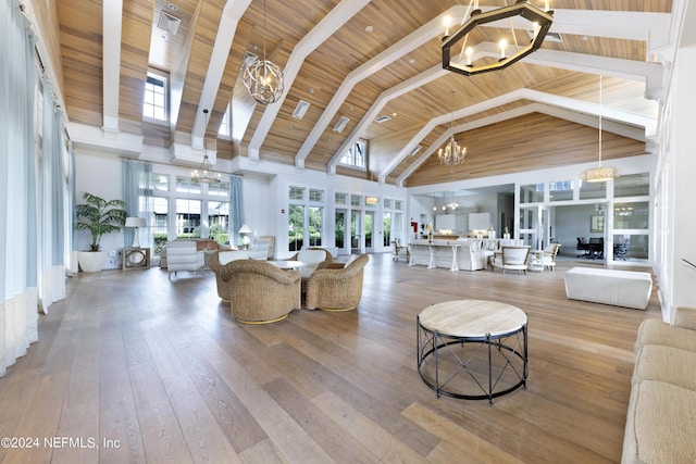 113 Footbridge Rd, Saint Johns, FL 32259 - living area with hardwood / wood-style floors, high vaulted ceiling, a chandelier, and wooden ceiling