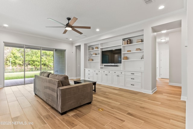 113 Footbridge Rd, Saint Johns, FL 32259 - living room with light wood finished floors, baseboards, ornamental molding, recessed lighting, and a ceiling fan