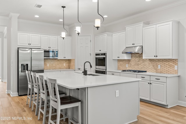 113 Footbridge Rd, Saint Johns, FL 32259 - kitchen with white cabinetry, stainless steel appliances, under cabinet range hood, a sink, and a kitchen island with sink