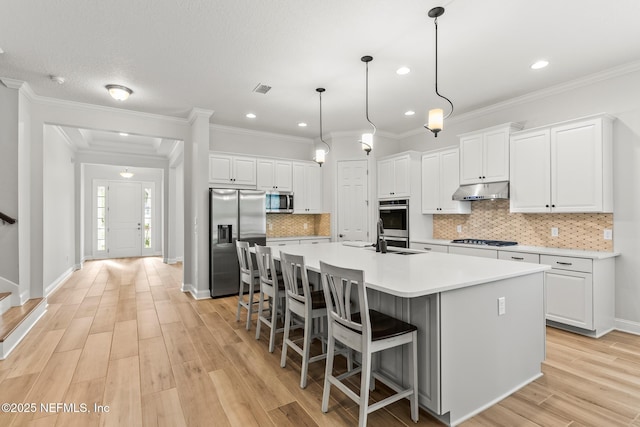 113 Footbridge Rd, Saint Johns, FL 32259 - kitchen featuring a large island with sink, under cabinet range hood, a sink, light wood finished floors, and appliances with stainless steel finishes
