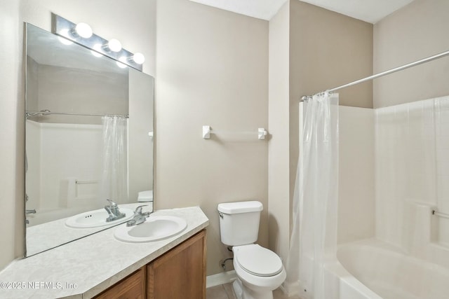 full bathroom featuring toilet, shower / tub combo, and vanity