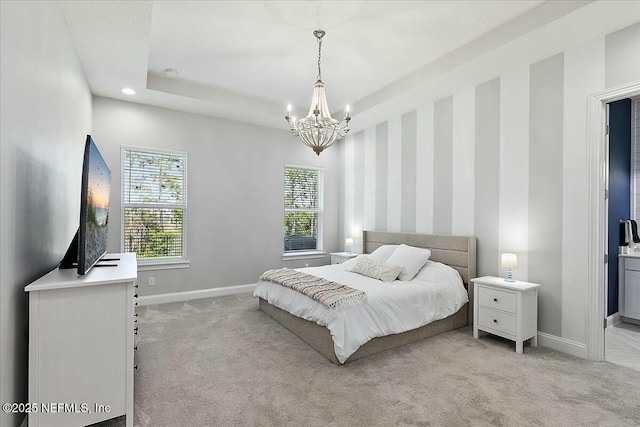 bedroom with an inviting chandelier, baseboards, recessed lighting, and light colored carpet