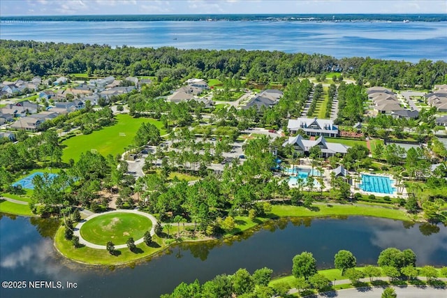 aerial view with a water view and a residential view
