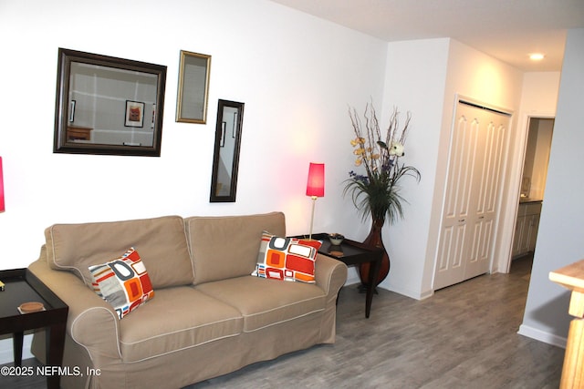 living area with baseboards and wood finished floors