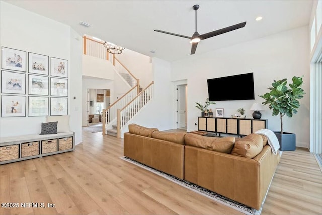 508 Palm Crest Dr, Ponte Vedra, FL 32081 - living room with stairs, light wood-style floors, ceiling fan, and recessed lighting