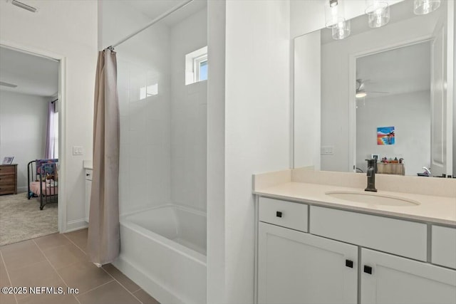 508 Palm Crest Dr, Ponte Vedra, FL 32081 - ensuite bathroom featuring vanity, shower / bathtub combination with curtain, tile patterned floors, and ceiling fan