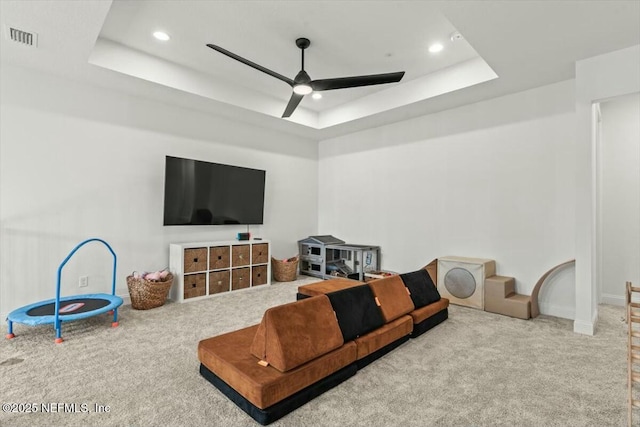 508 Palm Crest Dr, Ponte Vedra, FL 32081 - living area featuring carpet flooring, a raised ceiling, a ceiling fan, recessed lighting, and baseboards
