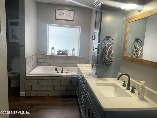 104 W Grandview Dr, East Palatka, FL 32131 - bathroom with double vanity, a garden tub, a sink, and wood finished floors