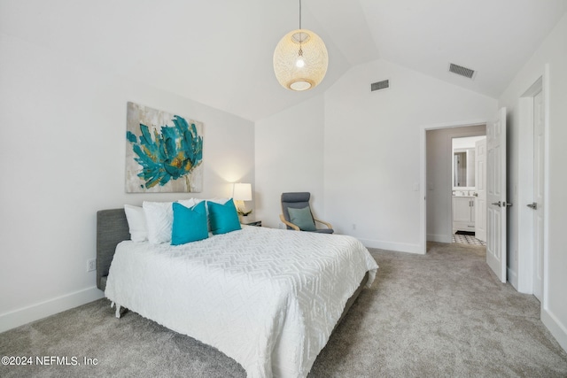 carpeted bedroom with baseboards, lofted ceiling, and visible vents