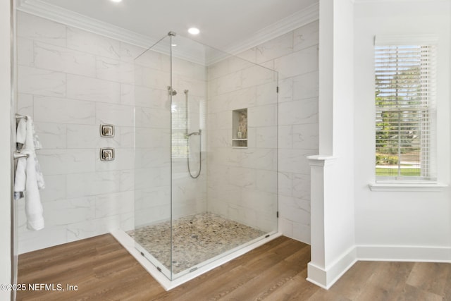 4520 Swilcan Bridge Ln N, Jacksonville, FL 32224 - bathroom featuring crown molding, walk in shower, plenty of natural light, wood finished floors, and recessed lighting