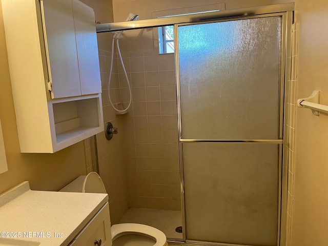 bathroom featuring vanity, a stall shower, and toilet