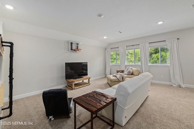 489 Windley Dr, Saint Augustine, FL 32092 - living room featuring recessed lighting, baseboards, lofted ceiling, and carpet floors