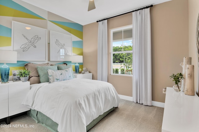 bedroom featuring carpet floors, baseboards, and ceiling fan
