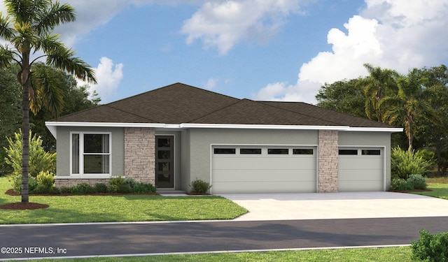 single story home featuring stone siding, driveway, stucco siding, and a garage