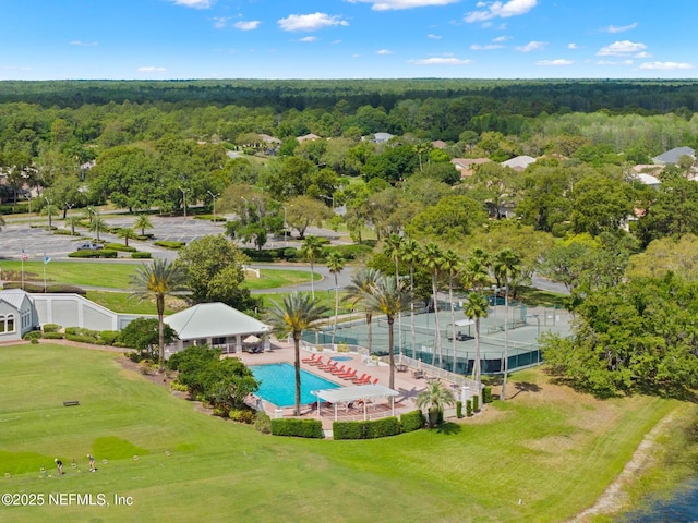 bird's eye view featuring a view of trees