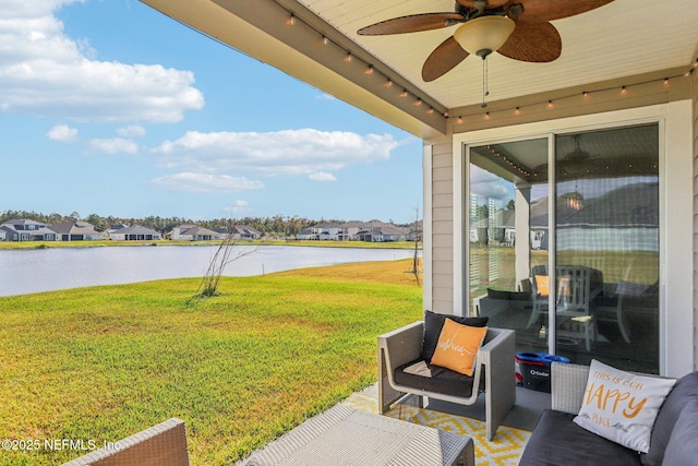 29 Stargaze Ln, Saint Augustine, FL 32095 - view of patio / terrace with a water view, a residential view, and ceiling fan
