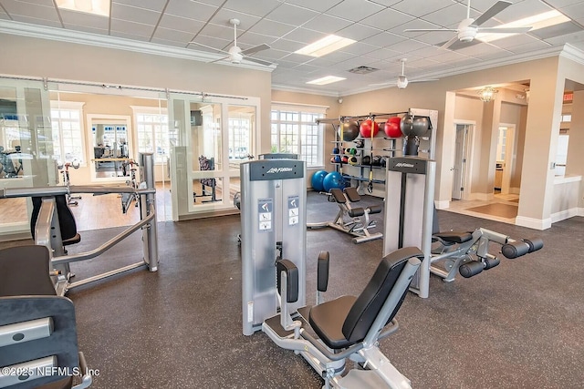 29 Stargaze Ln, Saint Augustine, FL 32095 - gym featuring ceiling fan, ornamental molding, baseboards, and a drop ceiling