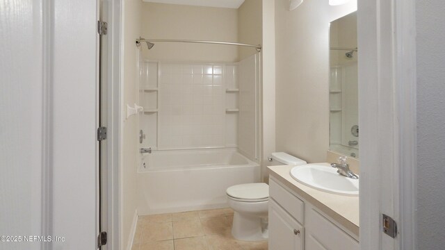 bathroom featuring shower / bath combination, toilet, tile patterned flooring, and vanity