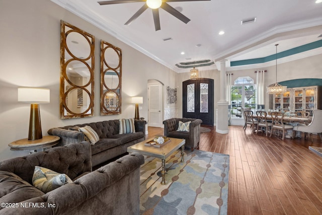 464 Deer Valley Dr, Ponte Vedra, FL 32081 - living area featuring visible vents, ornamental molding, a ceiling fan, arched walkways, and hardwood / wood-style floors