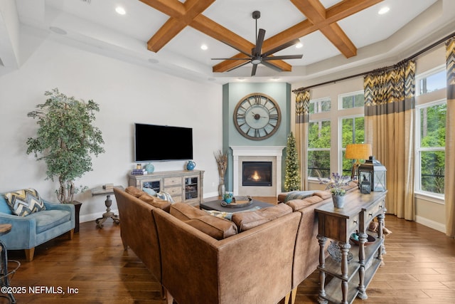 464 Deer Valley Dr, Ponte Vedra, FL 32081 - living room with baseboards, a glass covered fireplace, coffered ceiling, and wood finished floors