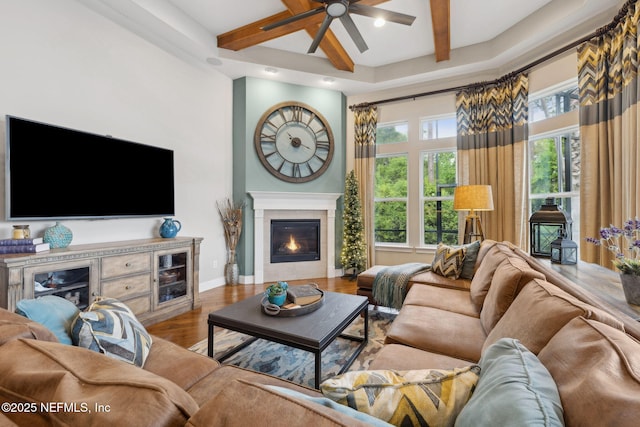 464 Deer Valley Dr, Ponte Vedra, FL 32081 - living room featuring baseboards, ceiling fan, wood finished floors, a tiled fireplace, and coffered ceiling