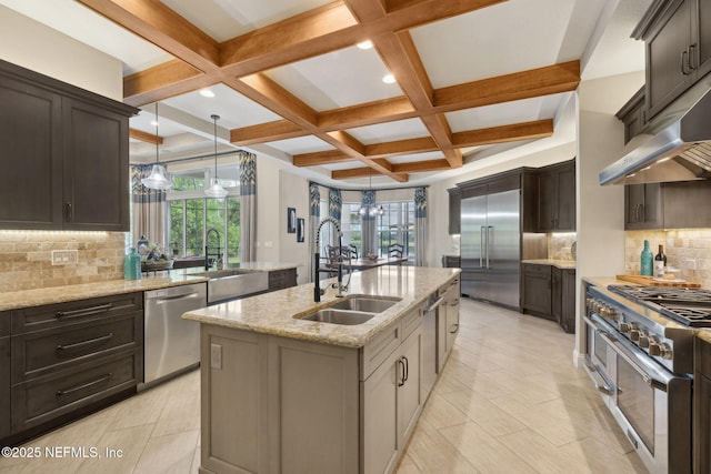 464 Deer Valley Dr, Ponte Vedra, FL 32081 - kitchen featuring coffered ceiling, an island with sink, a sink, premium appliances, and under cabinet range hood