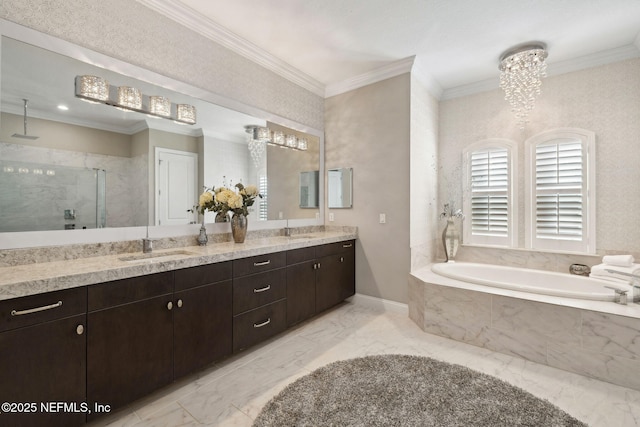464 Deer Valley Dr, Ponte Vedra, FL 32081 - bathroom featuring a bath, crown molding, a shower stall, marble finish floor, and double vanity