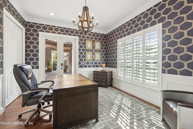 464 Deer Valley Dr, Ponte Vedra, FL 32081 - office with french doors, wood finished floors, wainscoting, wallpapered walls, and ornamental molding