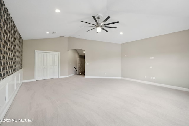 464 Deer Valley Dr, Ponte Vedra, FL 32081 - empty room featuring vaulted ceiling, recessed lighting, baseboards, a ceiling fan, and light carpet