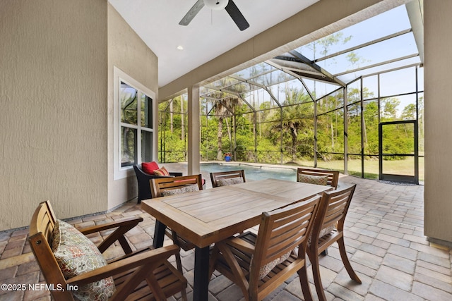 464 Deer Valley Dr, Ponte Vedra, FL 32081 - view of patio with glass enclosure, outdoor dining space, an outdoor pool, and ceiling fan