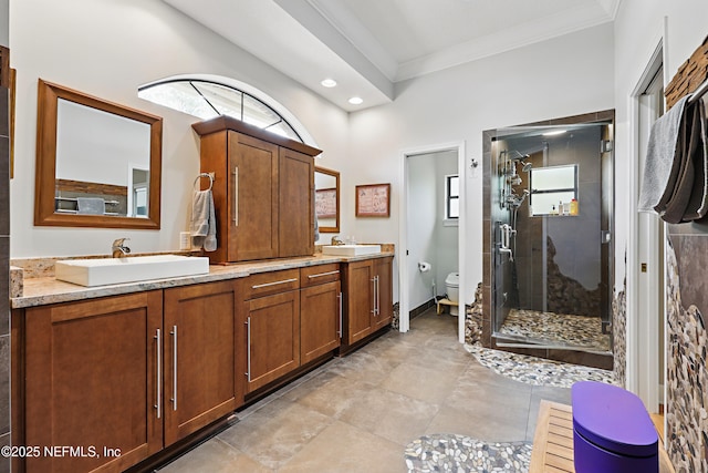 bathroom with toilet, a sink, plenty of natural light, and crown molding