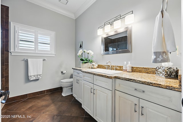 full bathroom with baseboards, ornamental molding, toilet, vanity, and tile patterned flooring