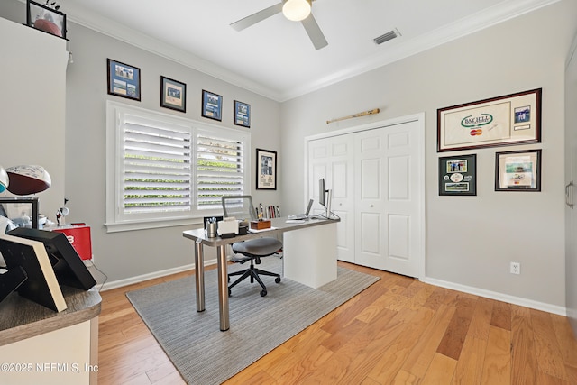office with ceiling fan, visible vents, light wood-style floors, and crown molding
