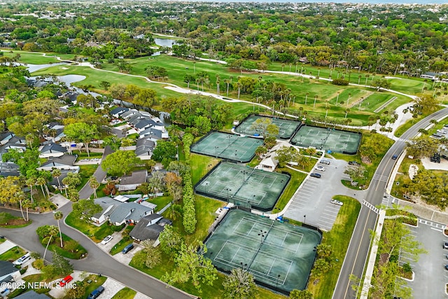 aerial view with view of golf course and a residential view