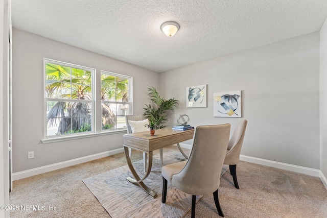 carpeted office space with a textured ceiling and baseboards