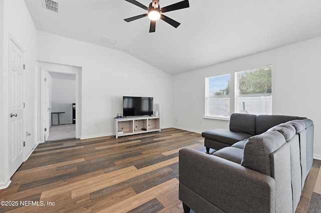 6387 Barrington Cv Ln, Jacksonville, FL 32218 - living area with vaulted ceiling, a ceiling fan, hardwood / wood-style flooring, and baseboards