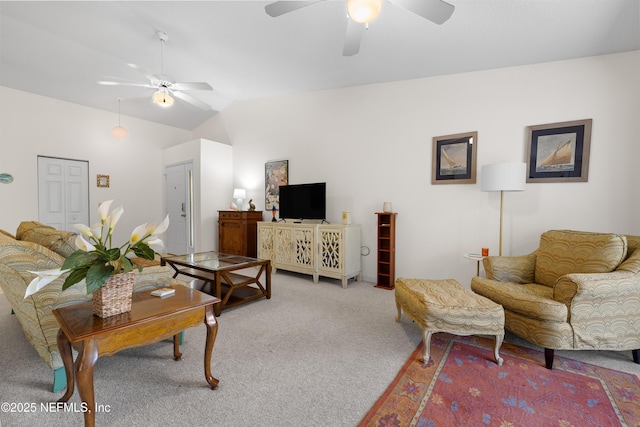 38 Talavera Ct, Saint Augustine, FL 32086 - living room featuring ceiling fan, vaulted ceiling, and carpet floors
