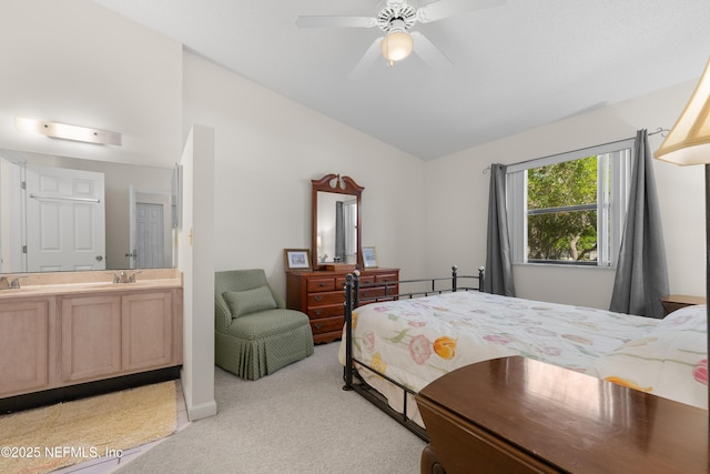 38 Talavera Ct, Saint Augustine, FL 32086 - bedroom featuring a sink, a ceiling fan, light colored carpet, and lofted ceiling