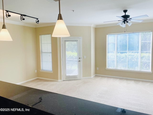 8290 Gate Pkwy W Unit 504, Jacksonville, FL 32216 - unfurnished living room featuring carpet flooring, ornamental molding, baseboards, and ceiling fan