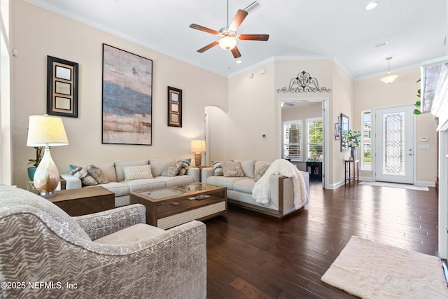 430 Brambly Vine Dr, Saint Johns, FL 32259 - living area with ceiling fan, arched walkways, dark wood-style floors, crown molding, and baseboards
