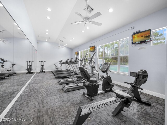 35211 Harbour Vista Cir, Saint Augustine, FL 32080 - gym featuring visible vents, baseboards, ceiling fan, carpet floors, and vaulted ceiling