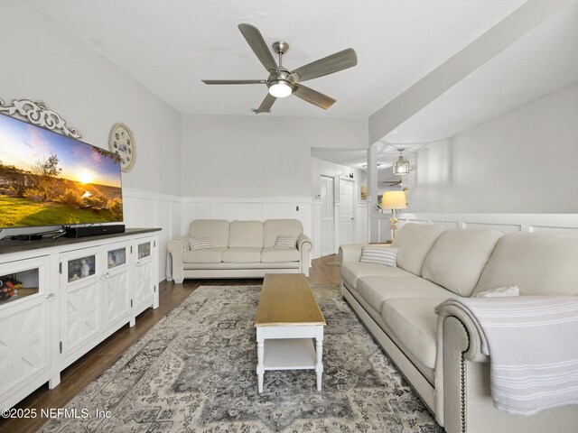 35211 Harbour Vista Cir, Saint Augustine, FL 32080 - living room featuring wainscoting, ceiling fan, a decorative wall, and wood finished floors